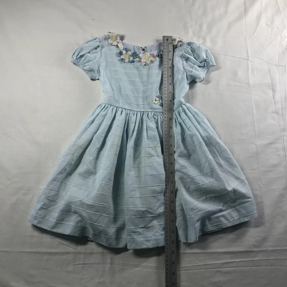 Vintage Best & Co Liliputian Bazaar Girls Blue Floral Embroidered Dress 1950s